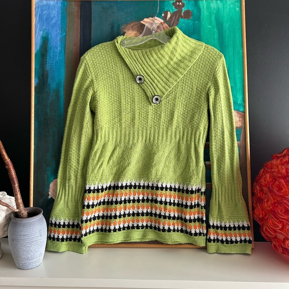 Y2K Vibrant Green Cowl Neck Sweater with Striking Stripes